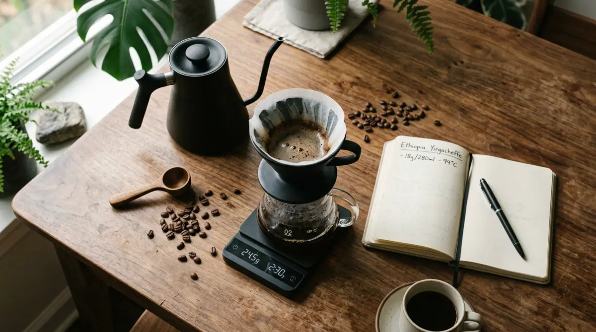 A pour-over coffee setup with a kettle, scale, and an open notebook